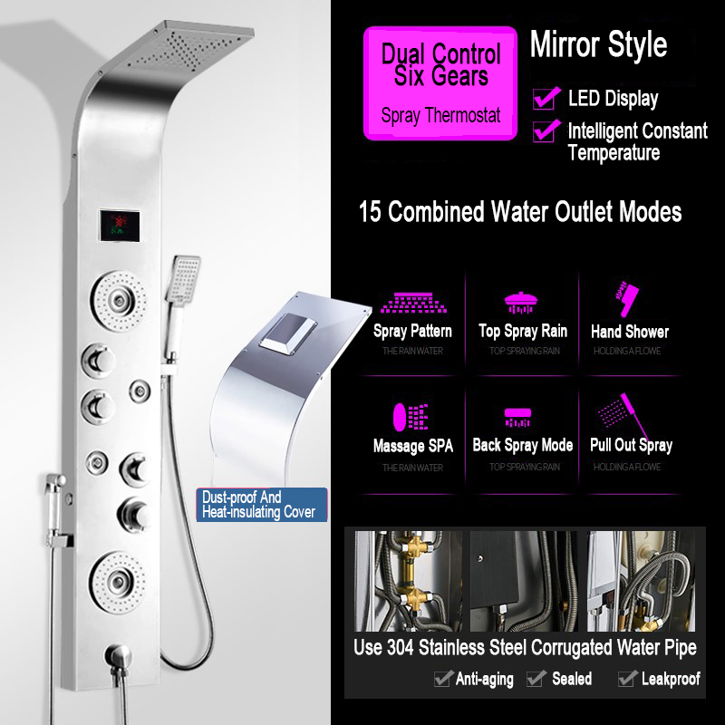Stainless Steel Shower Panel Tower Rainfall Waterfall Massage System and Tub Spout Bathroom Shower Fixtures
