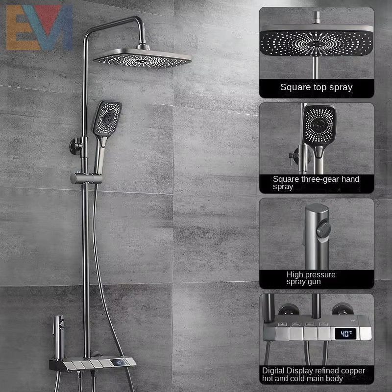 Brass Shower System Gun Gray LED Digital Display Bathroom Shower Faucet Piano Keys Bathtub Rain Shower Set