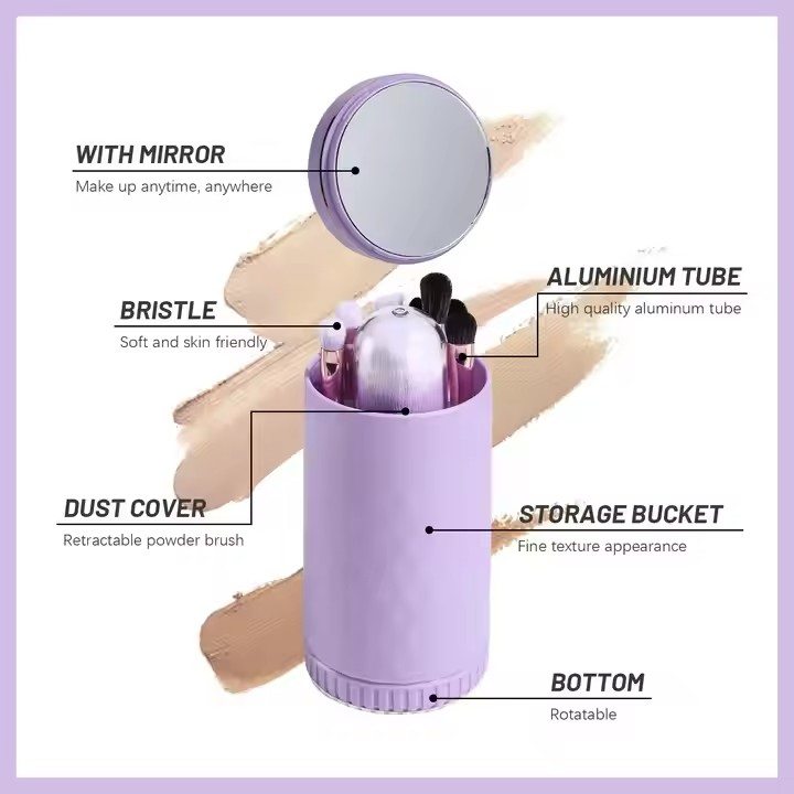 Wholesale 6 in 1 Makeup Brush Set with Cosmetic Mirror Portable Cosmetic Brush with Storagebucket Makeup Mirror Logo Custom