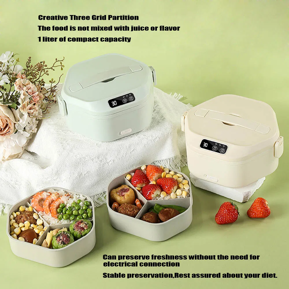 Electric Double Sealed Leak Proof & Food Grade Stainless Steel Heat 3 Interlayer Lunch Box 12/24/110/220V Portable Food Warmer with The Thermal Carry Bag for Ca