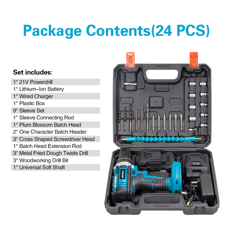 21V Lithium Drill with Fast Charging, 1.3ah Battery, 0-350/1500rpm, 20n M Torque, Plastic Box Packaging
