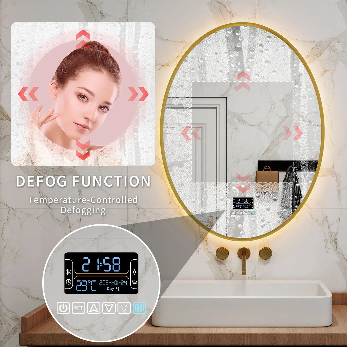 Smart Mirror Oval-Shaped LED - Illuminated Bathroom Mirror with Aluminum Alloy Frame, Bluetooth Makeup Mirror