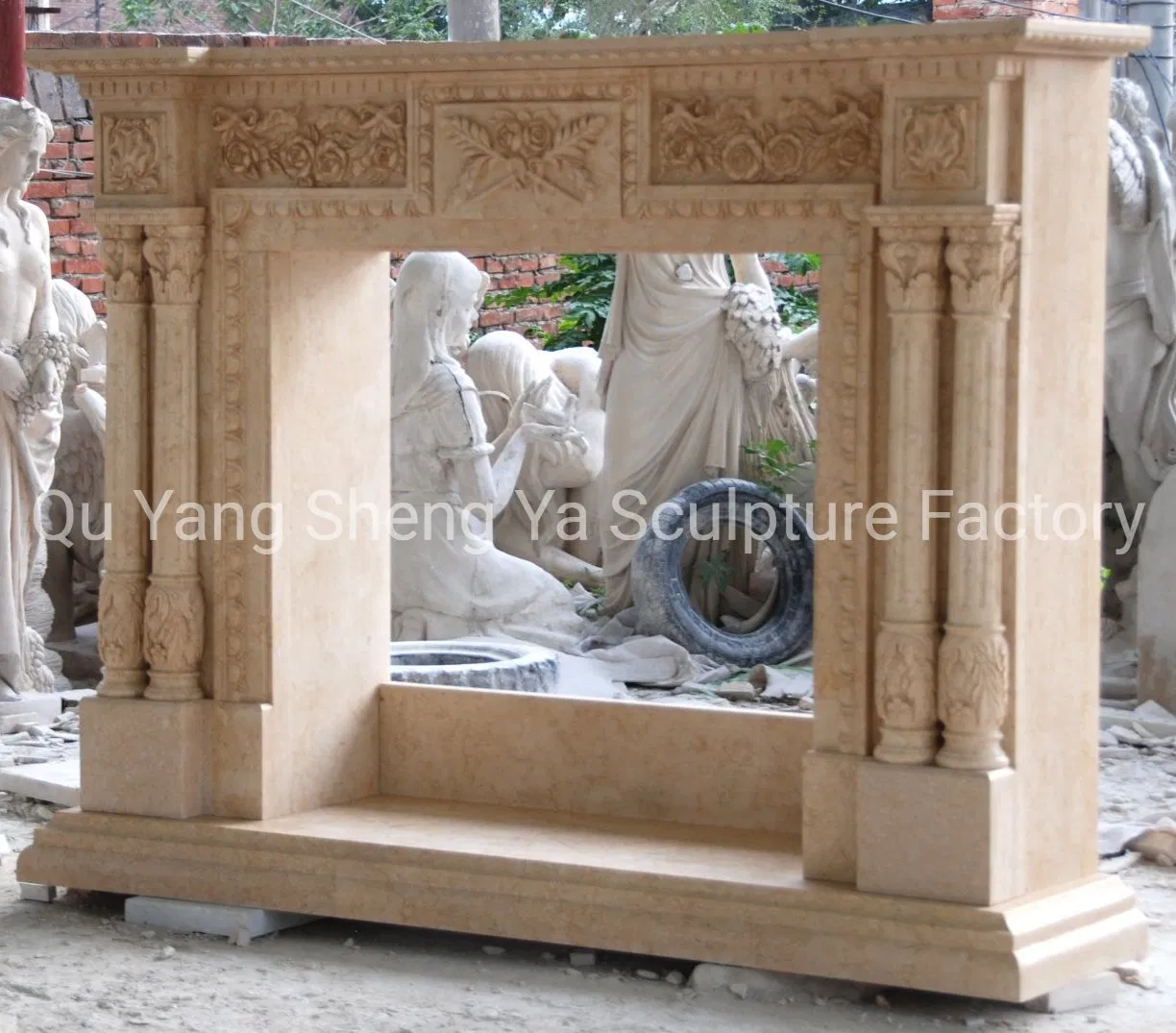 Hand Carved High Quality Antique Beige Marble Fireplace (SYMF-8005)