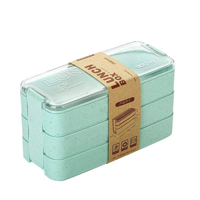 Popular Microwave 3 Layer Wheat Straw Take Away Food Box Lunch Bento Box with Cutlery Set Spoon Fork
