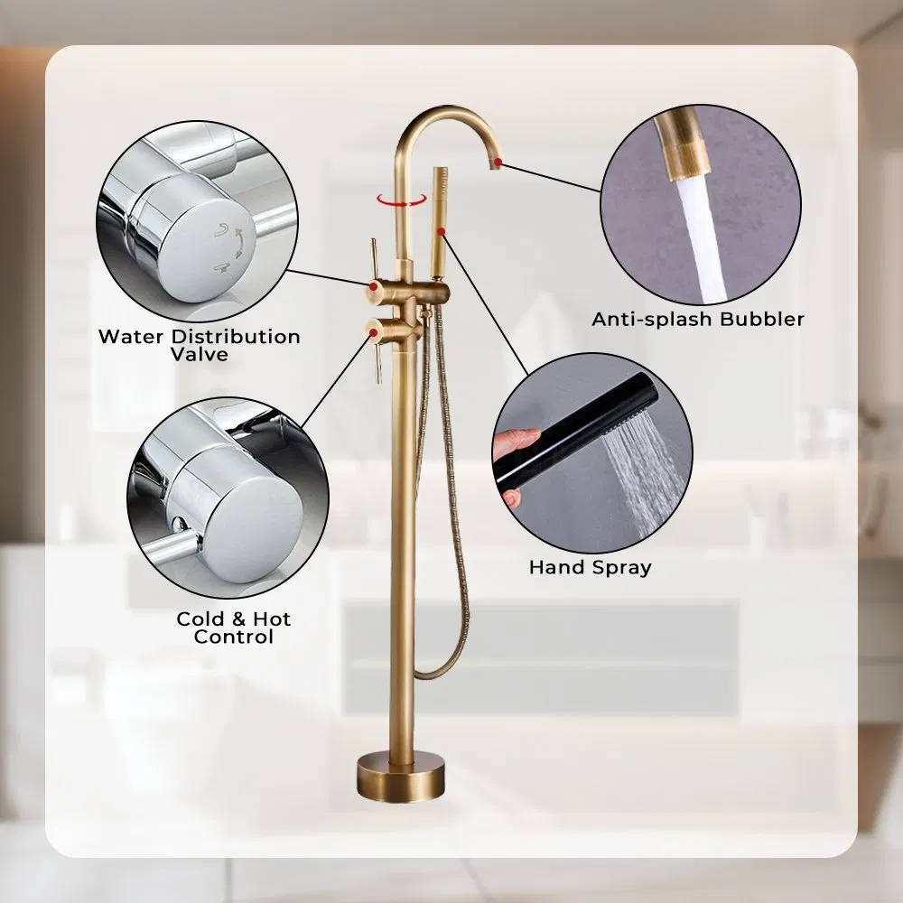 High End Contemporary Chrome Round Floor Standing Brass Basin and Tub Faucet