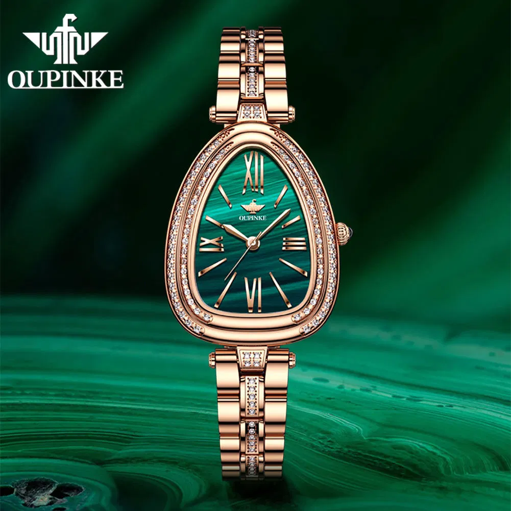 Oupinke 3192 Fashion Luxury Waterproof Diamond Fashion Waterproof Wristwatches Stainless Steel Green Dial Analog Quartz Watch