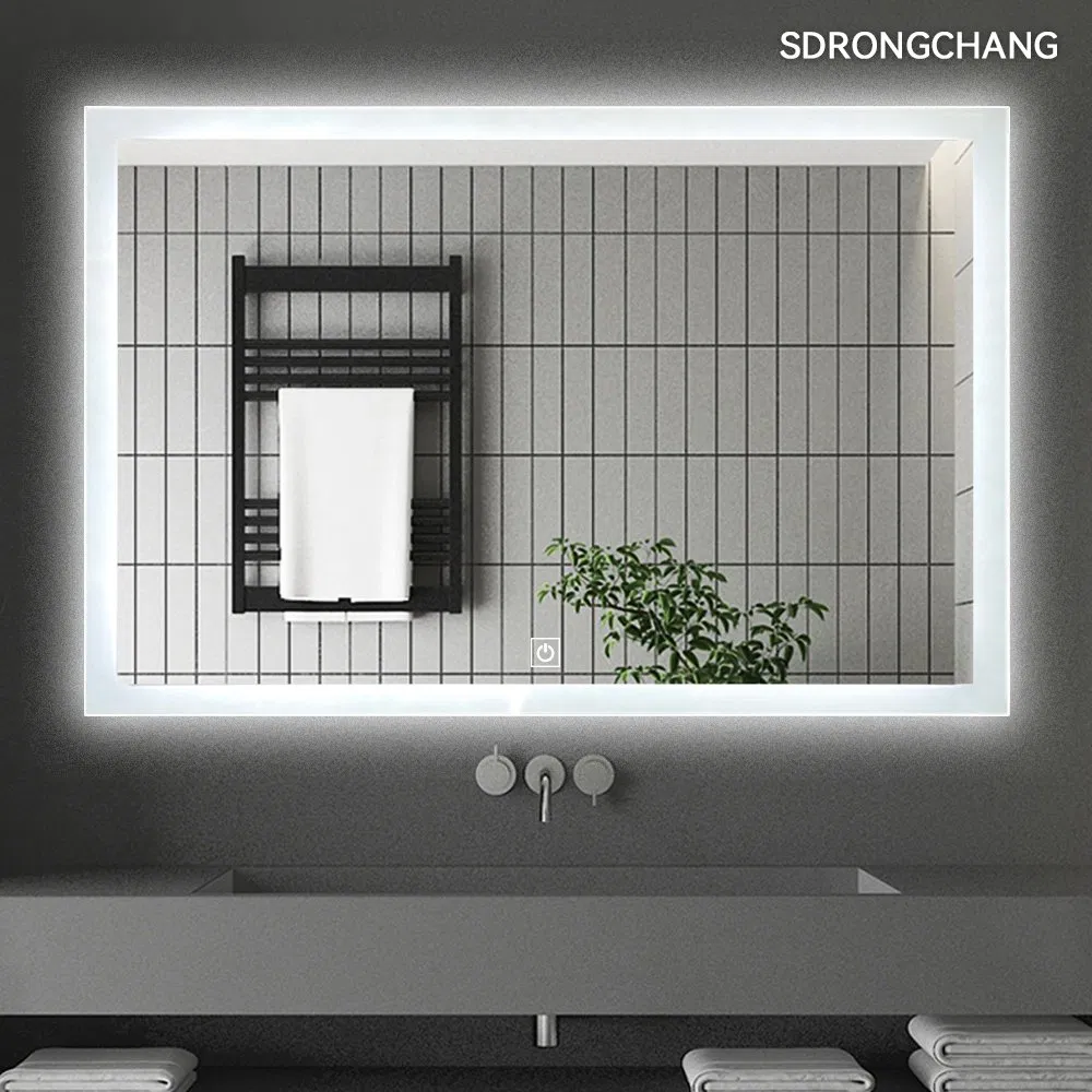 Custom High Quality Rectangle LED Wall Mounted Touch Switch Backlit Lighted Three Colors Vanity Decorative Bathroom Smart Fogless Mirror with UL CE IP44