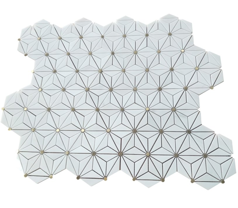 Sevic Brass Triangle Flower Design White Marble Mosaic