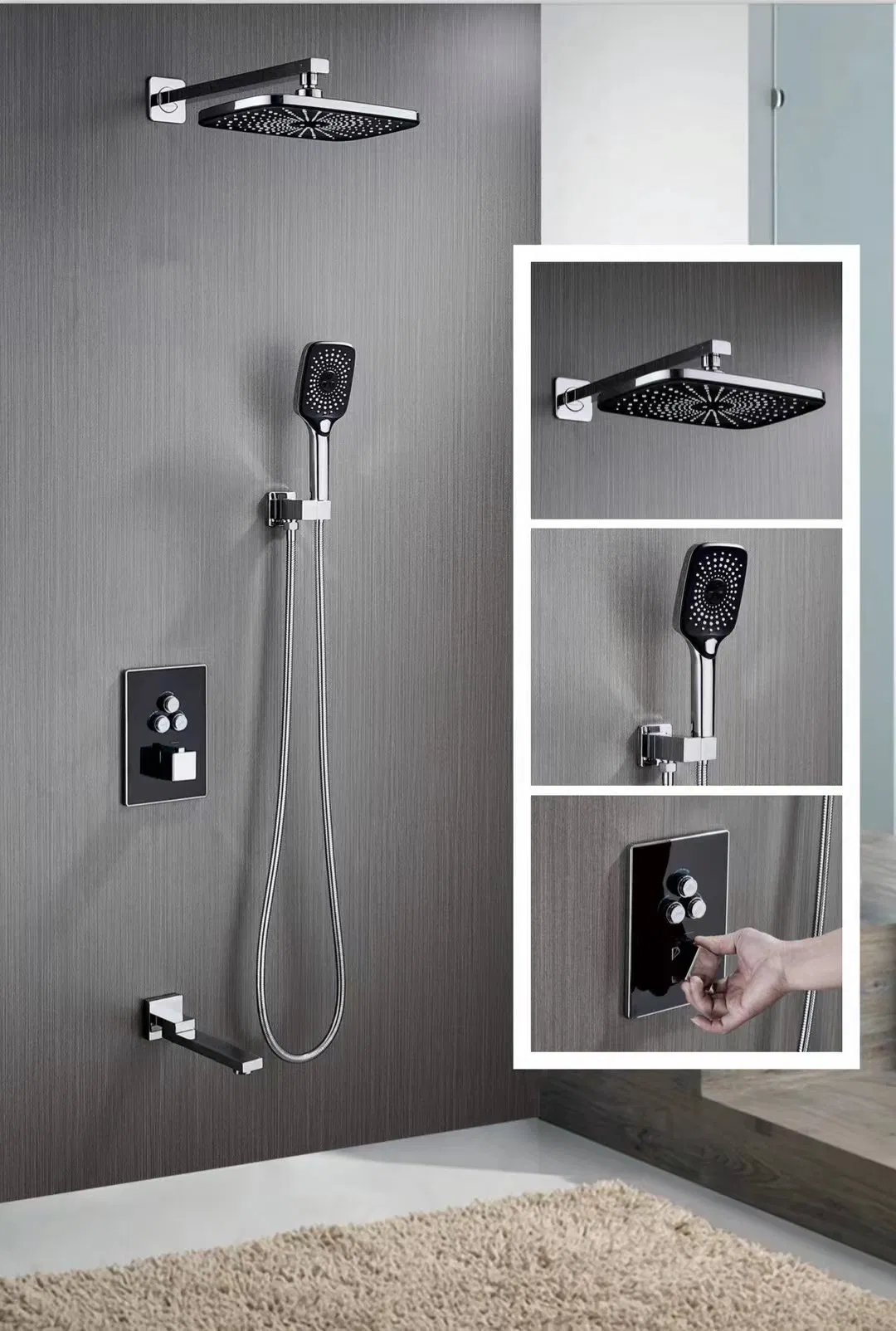 Bathroom Plumbing Bath and Shower Concealed Shower Set Square Rainfull Shower Head and Hand Shower One Spout Shower Mixer Three Ways Multifunction Wall Mounted