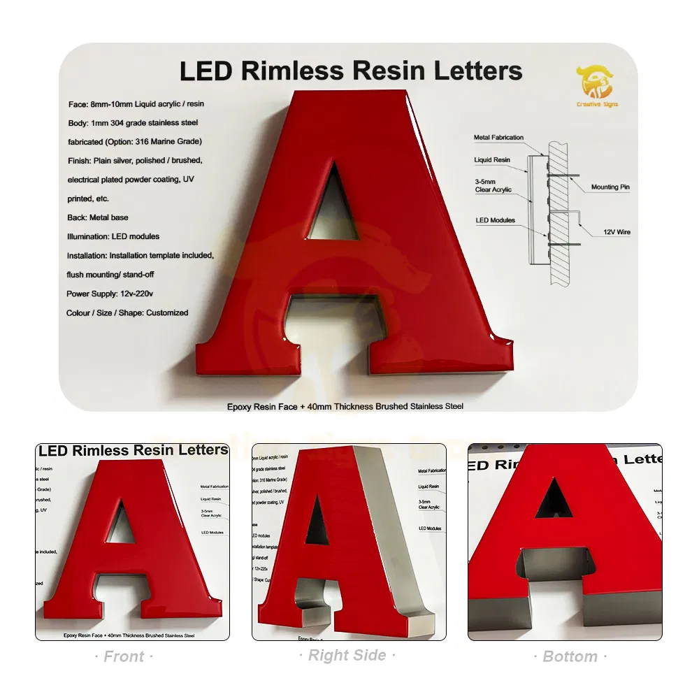 LED Rimless Resin Letters Front Lit Epoxy Resin Channel Letters Manufacturer