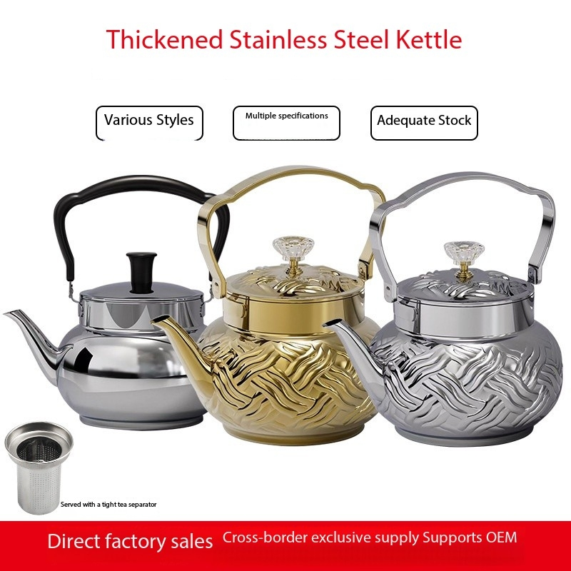 Stainless Steel Tea Kettle, Gold - Plated Pattern Teapot with Crystal Knob,