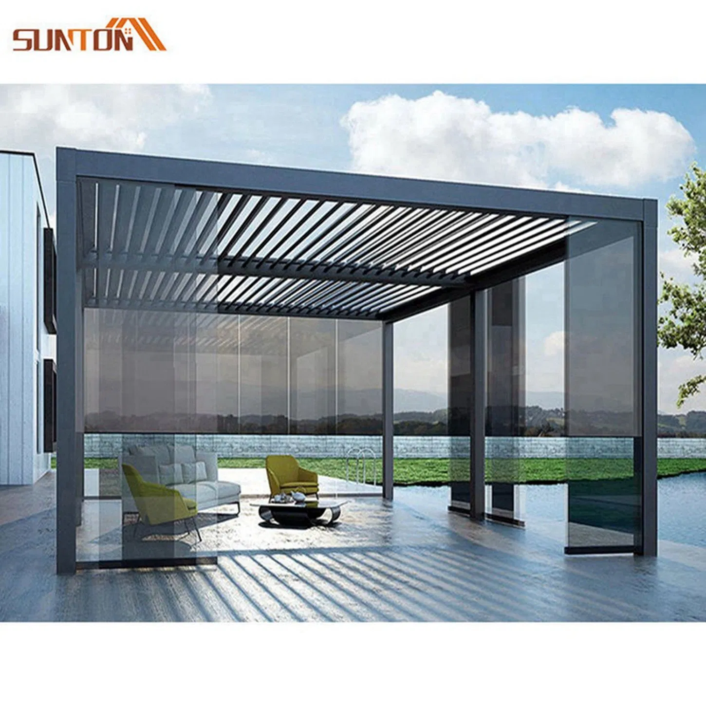 Louvers Outdoor Automatic Roof and LED Lights Aluminum Sliding Glass Fully Automatic Pergola