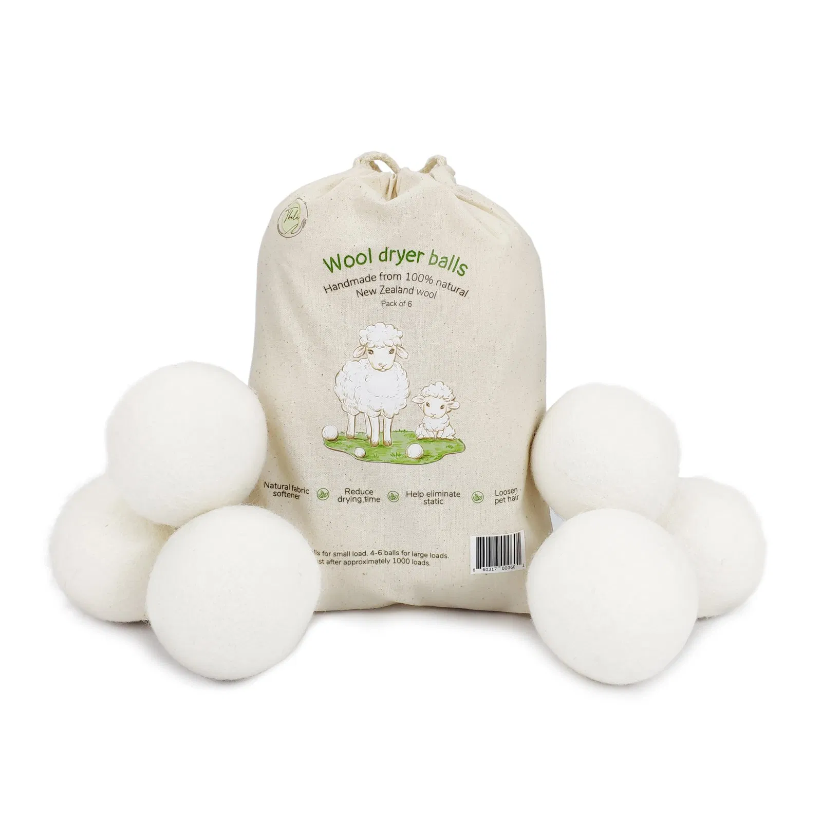 6 Pack Nature Organic 100% New Zealand Wool Dryer Balls for Laundry