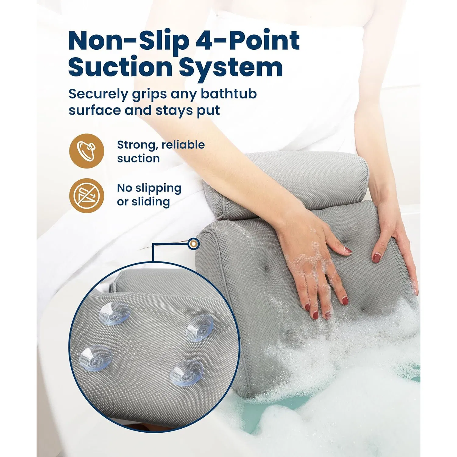 Comfortable Luxury Non-Slip Quick-Drying Light Weight Grey Bath Pillows for Tub