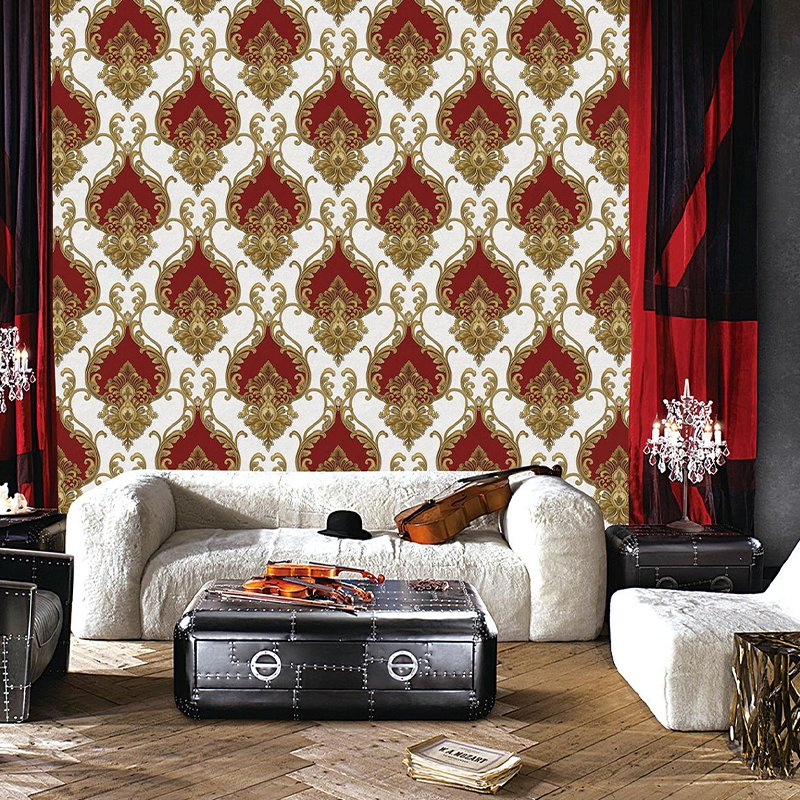 Classic European Retro Damascus Wall Sticker 1.06*15.6m Deep Pressed Nonwoven Wallpaper