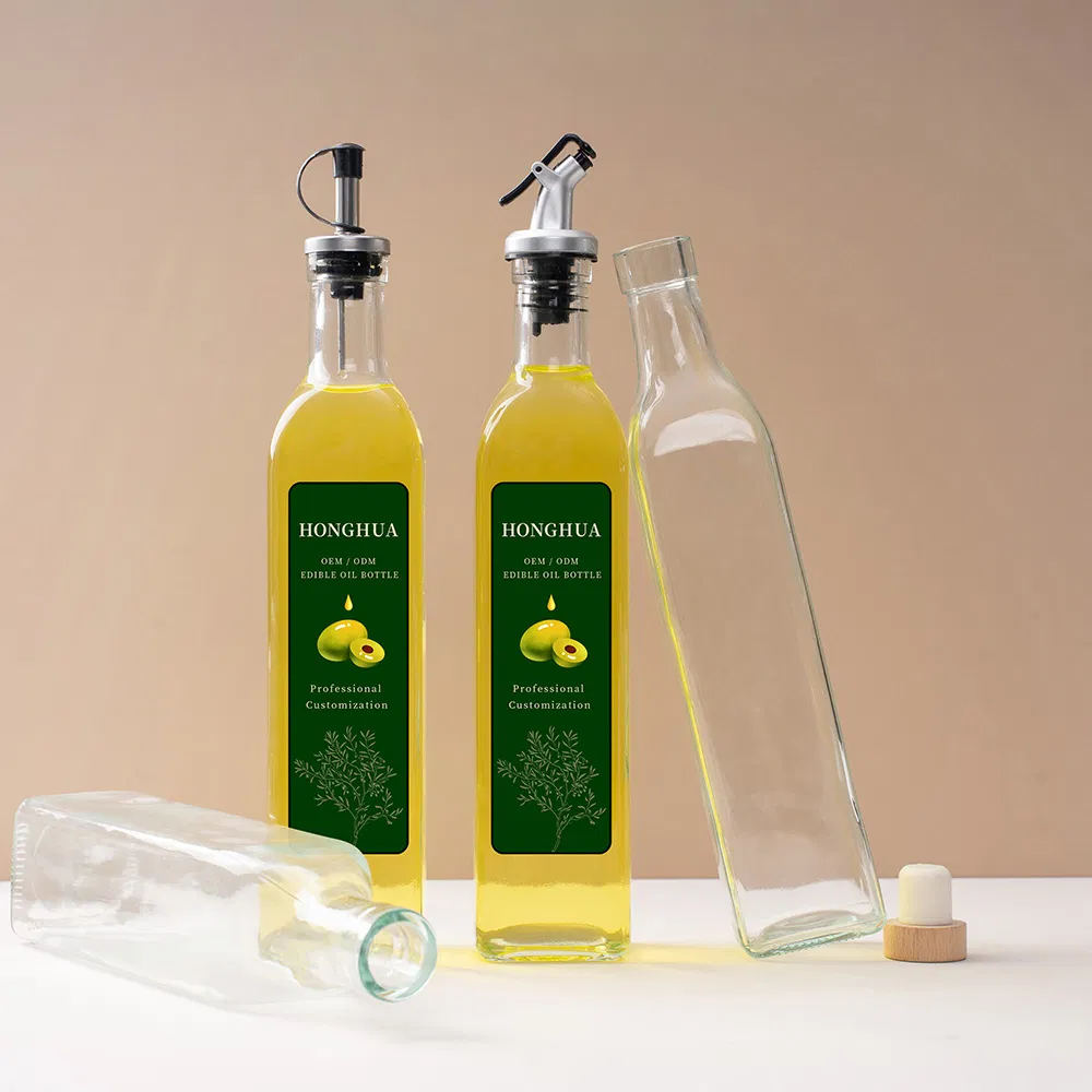 High Quality 500ml Clear Square Empty Cooking Oil Bottles Olive Oil Glass Bottle for Kitchen