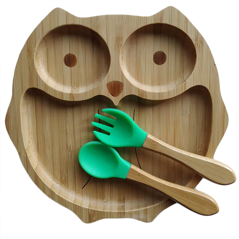 Children Kids Baby Cartoon Animal Figure Rabbit Unicon Car Bamboo Feeding Plate Bowl Spoon Fork