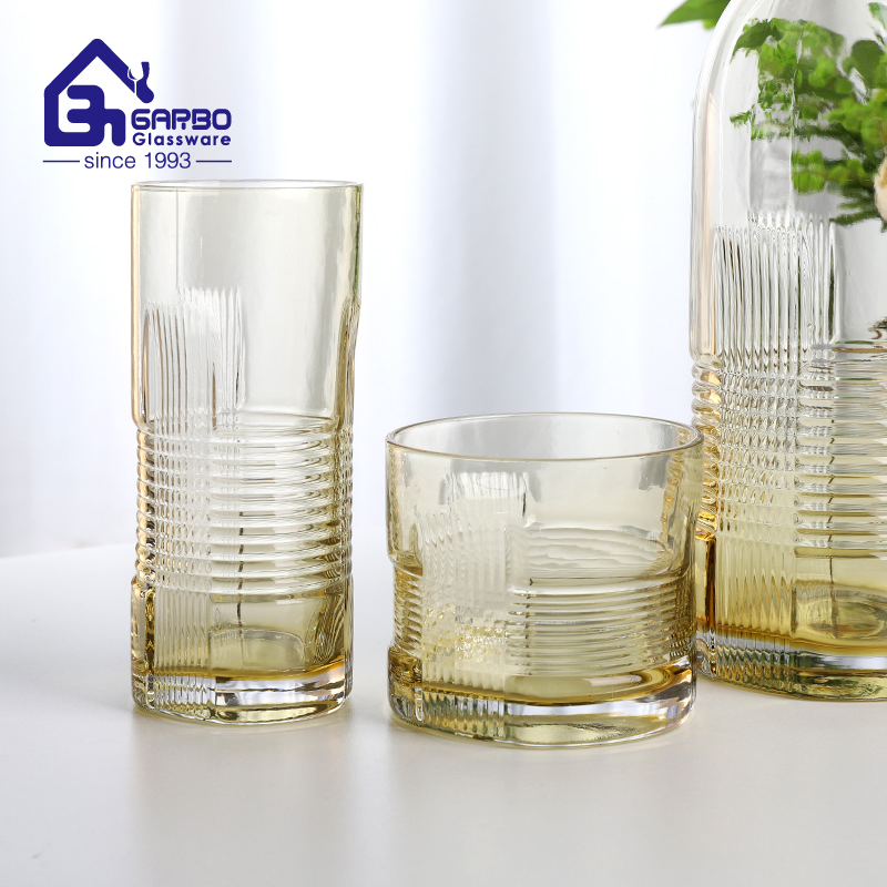 Amber Color Handmade Picture with Tumbler Engraved Design Glass Water Jug Set