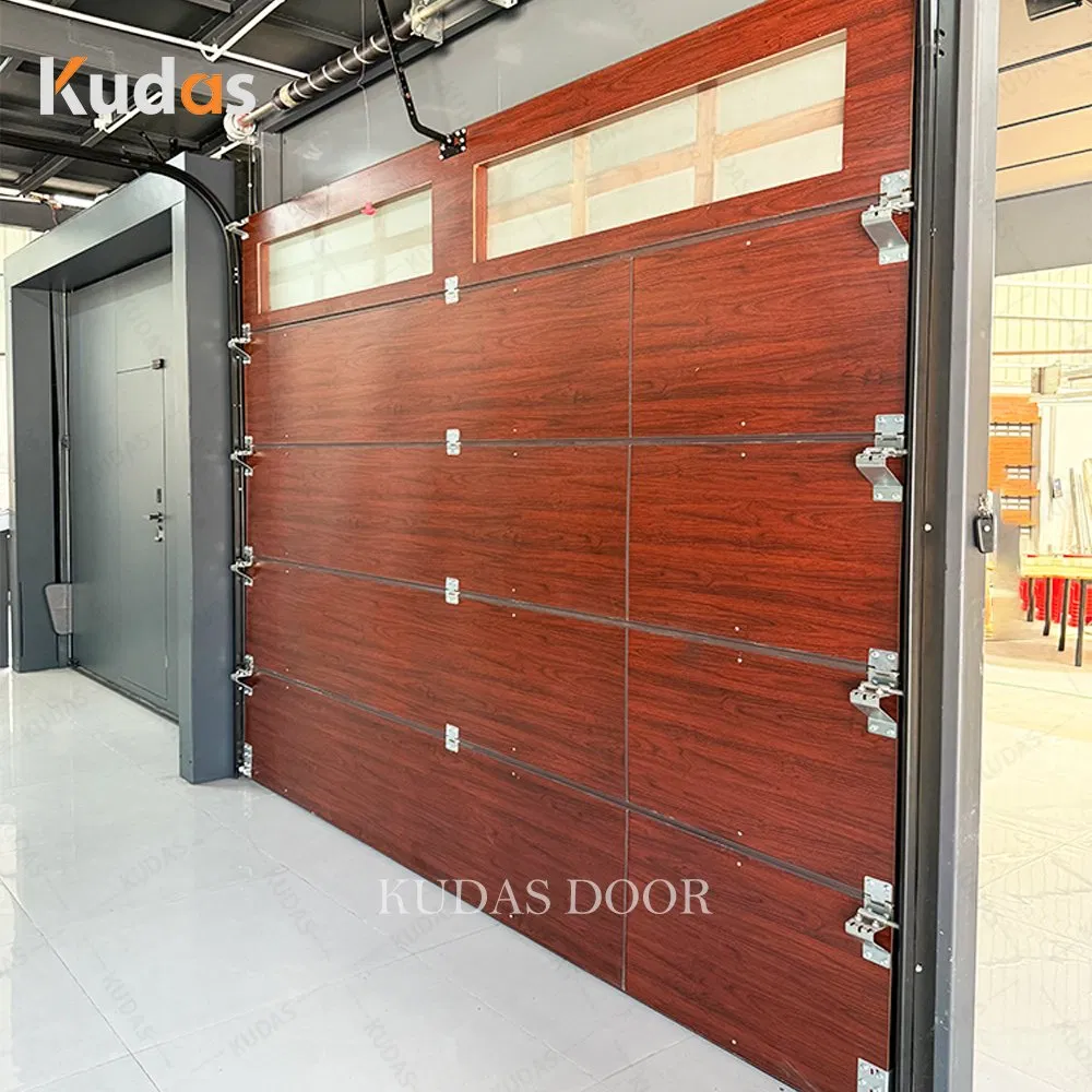 Energy Efficient Black Walnut Solid Wood Look Aluminum Track Slide up Garage Doors with Top Double Glass Windows