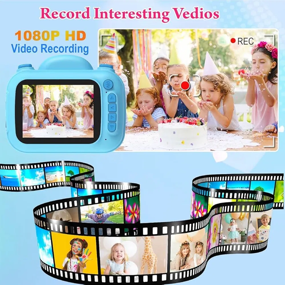 3.5 Inch Cartoon Kids Digital Camera HD Screen Video Recorder Instant Print Camera Gift - Light Blue