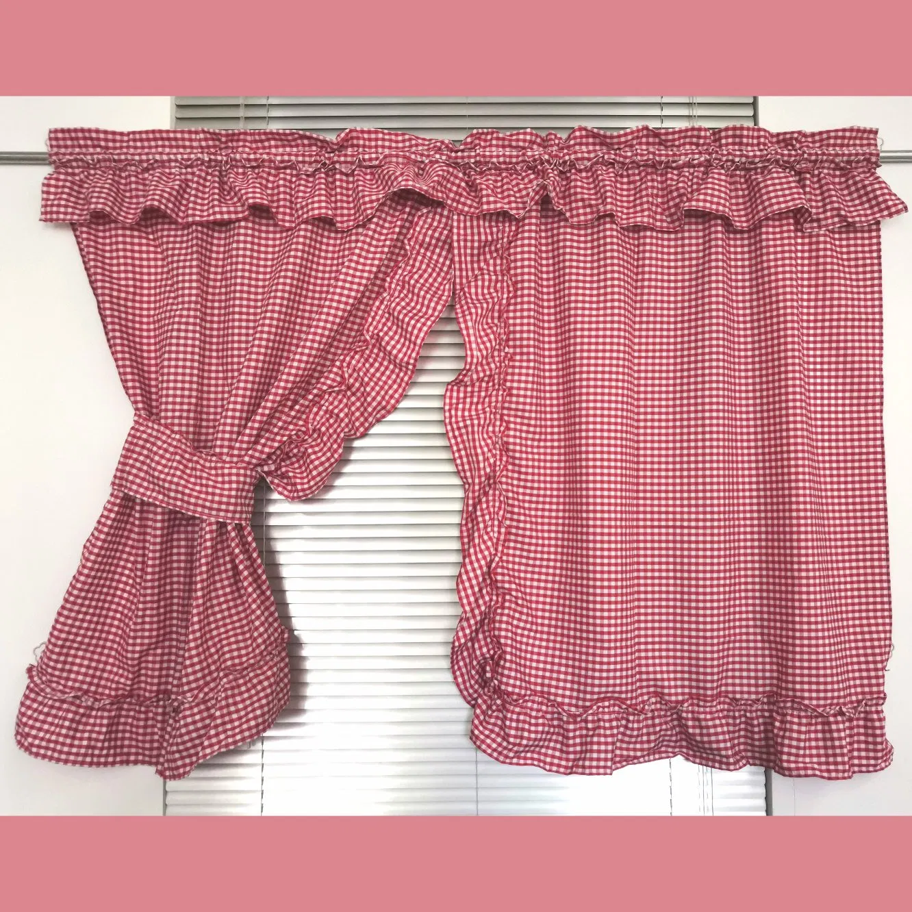 Beautiful Red Small Grid Hemmed Kitchen Curtain for Your Delicious Kitchen