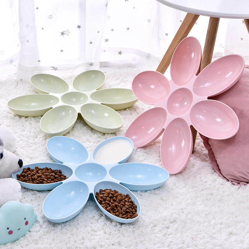 Pet Cat and Dog Dinner Plate 6-Grid Petal-Shaped Plastic Storage Household Anti-Snatch Feeding Bowl