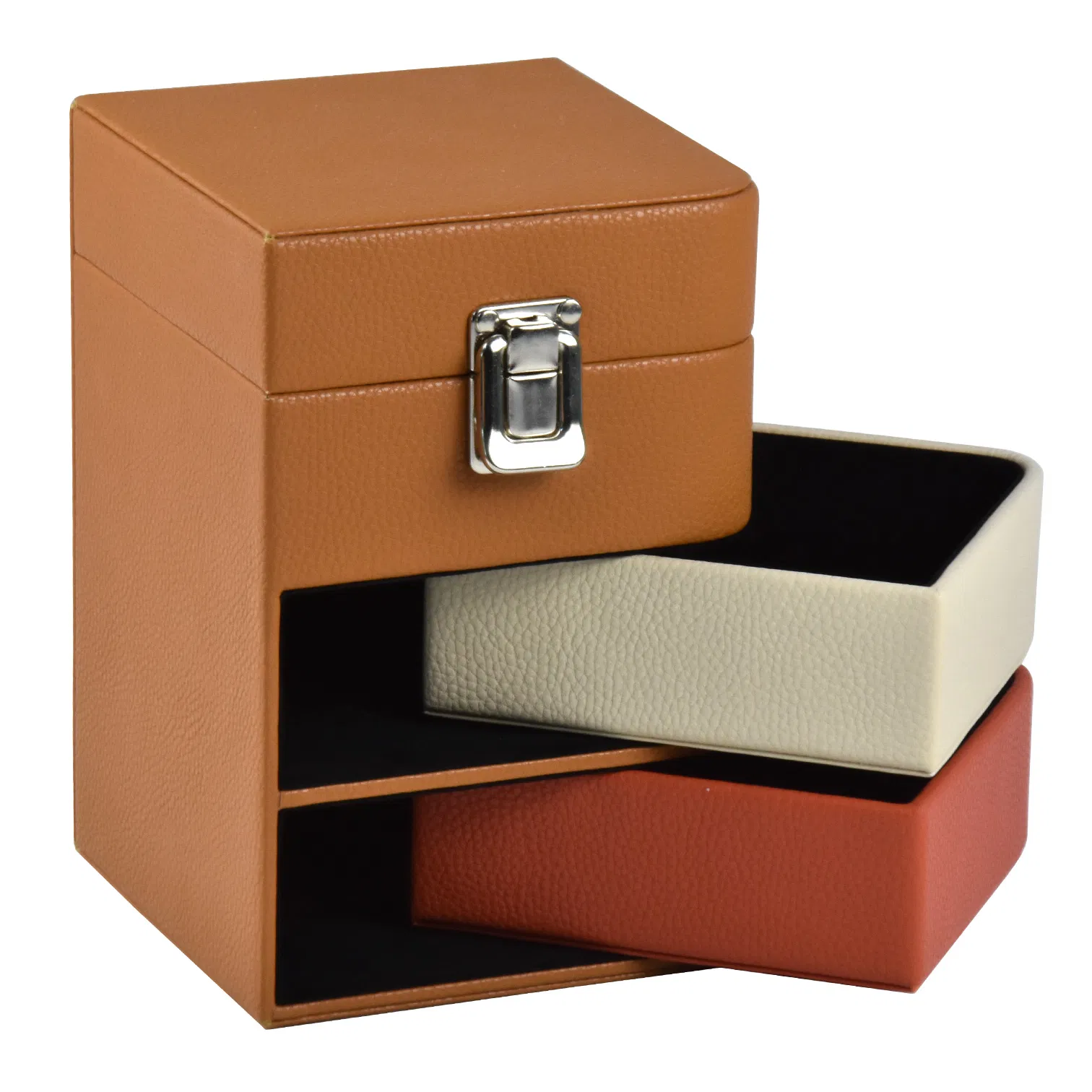 Personalized 3-Layer Contrast Color Leather Storage Travel Jewelry Organizer