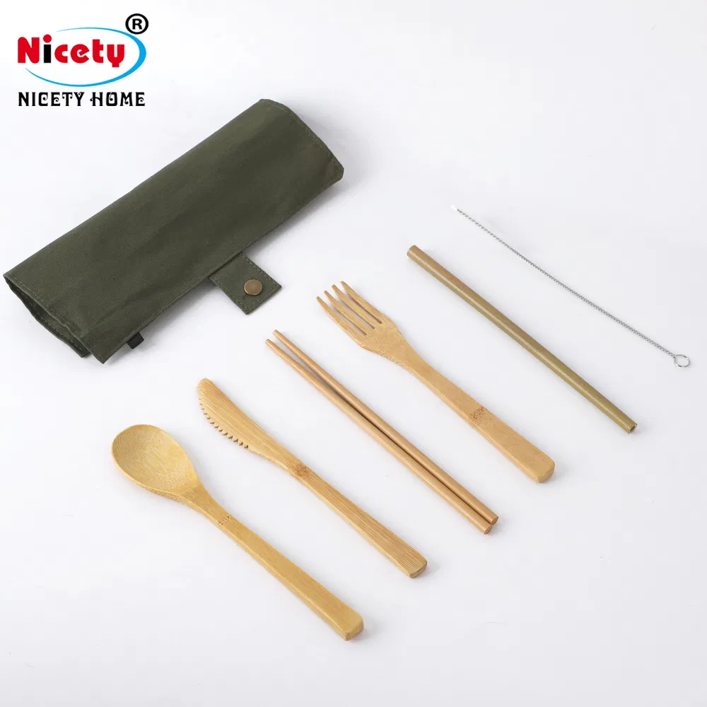 Wholesale Travel Outdoors 6PCS Bamboo Eco-Friendly Tableware Sets with Chopsticks Knife Fork Straw Spoon