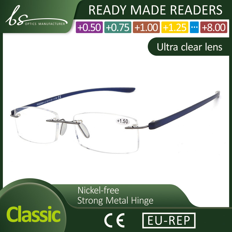 Ultra Light Metal Custom Rimless Reading Glasses with PC Temples Classic Eyewear