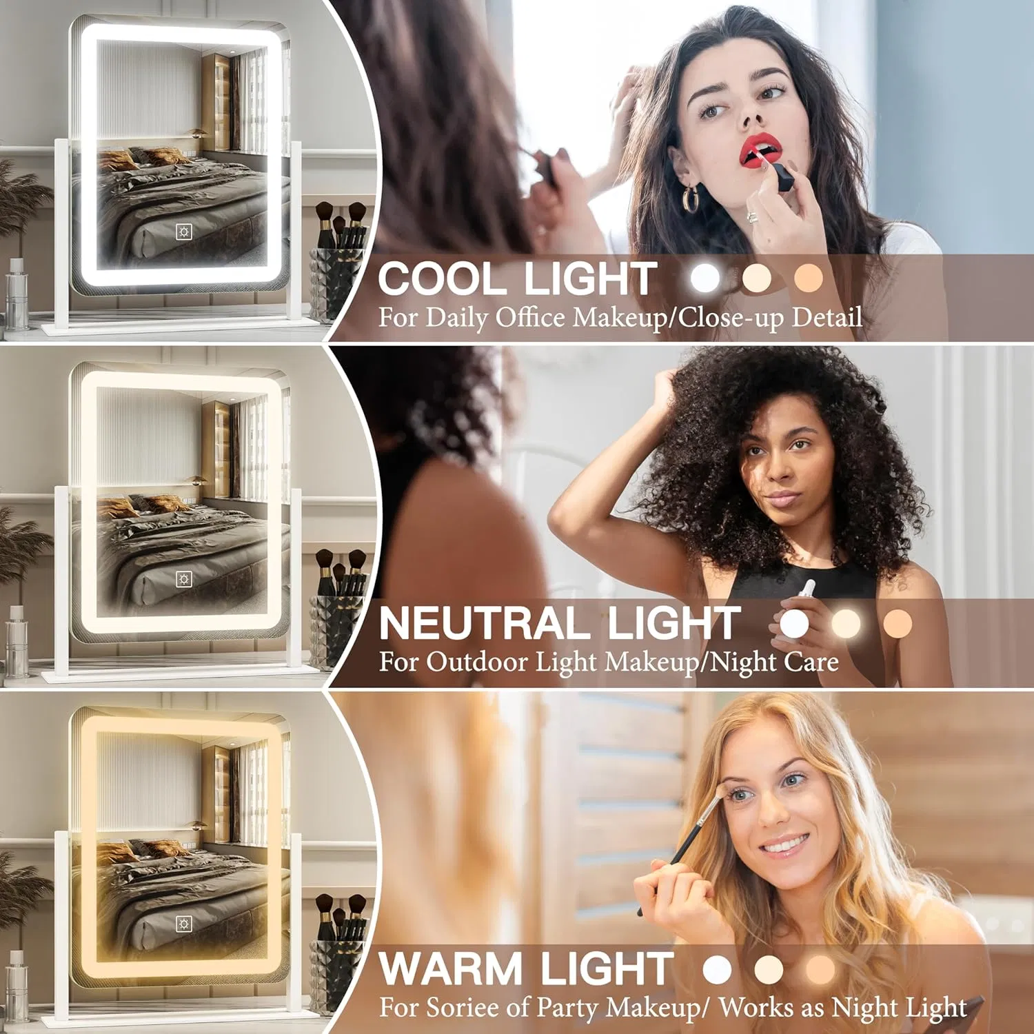 Vanity Bathroom Mirror Wholesale LED Lighted Makeup Mirror Large Touch Screen with 3-Color Lighting Dimmable for Tabletop Bedroom