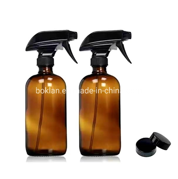 8oz 16oz 32oz / Amber Round Glass Spray Bottle with Top Black Spray Pump Essential Oil Glass Bottle