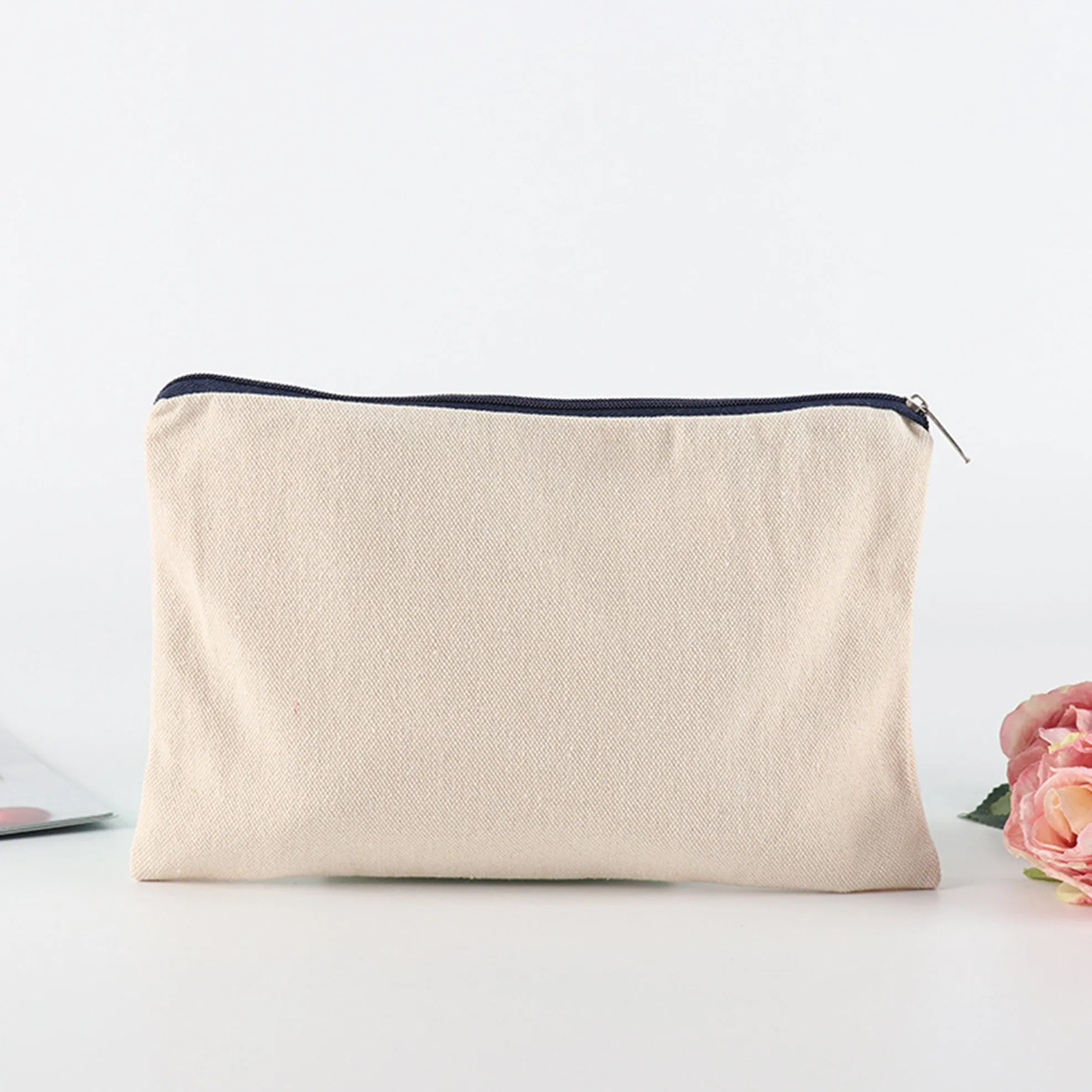 Custom Logo Printed Large Space Canvas Zipper Eye-Shadow Cosmetic Brush Storage Bag Cotton Makeup Pouch
