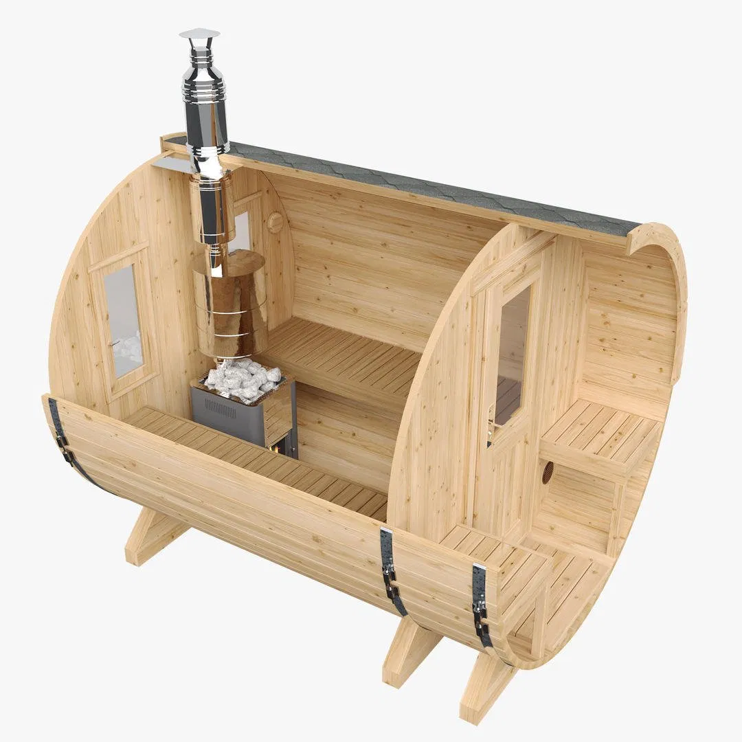 4 Person Steam Sauna Outdoor Barrel Sauna Room with Wood Burning Stove