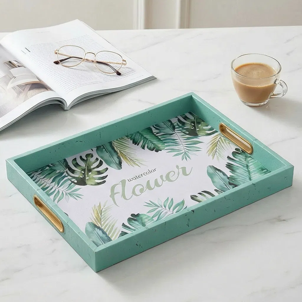 Tropical Leaves Decorative Tray with Handles, Green Print Wooden Serving Tray for Coffee Table, Ottoman, Kitchen Counter and Vanity Organization