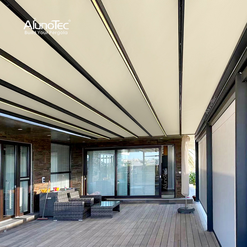 AlunoTec Outdoor Party Electric Roof Awning with LED Lights and Roller Blinds