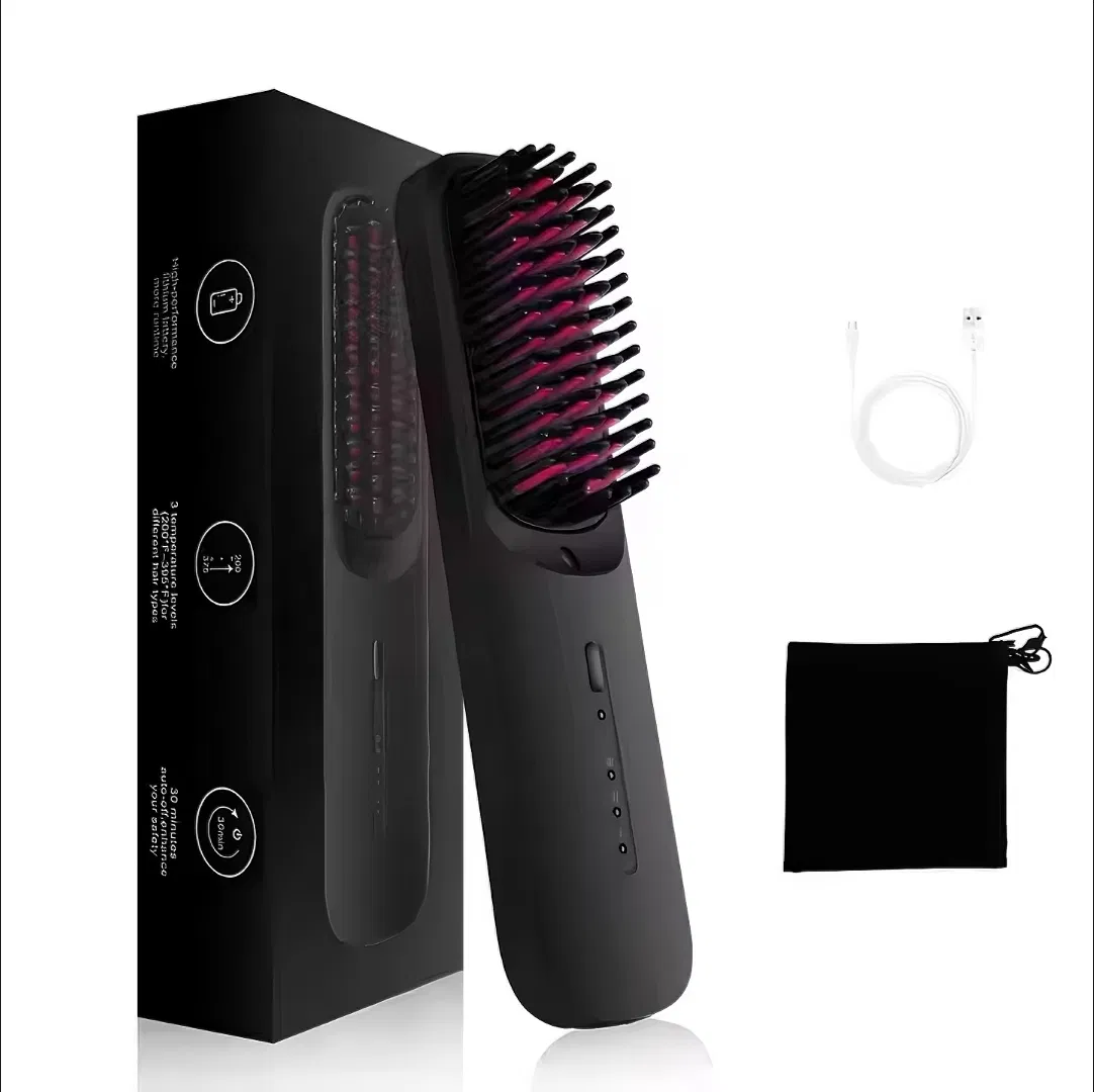 New Style Straight Hair Curling Iron 2 in 1 Hot Brush Mini Portable Cordless Hair Straightener