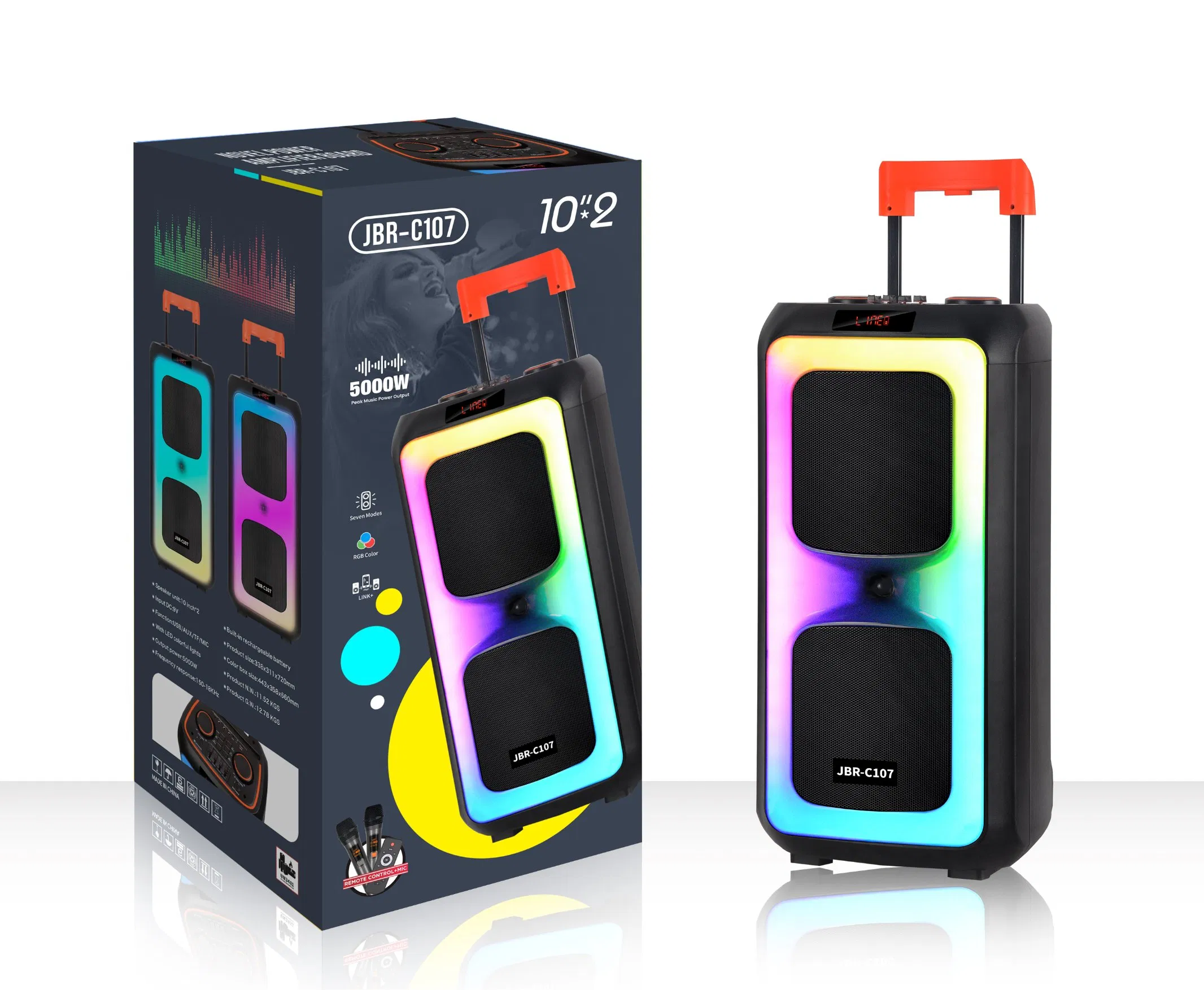 Double 10 Inch Rechargeable Portable Bluetooth Active Speaker Trolley Colorful LED Lights