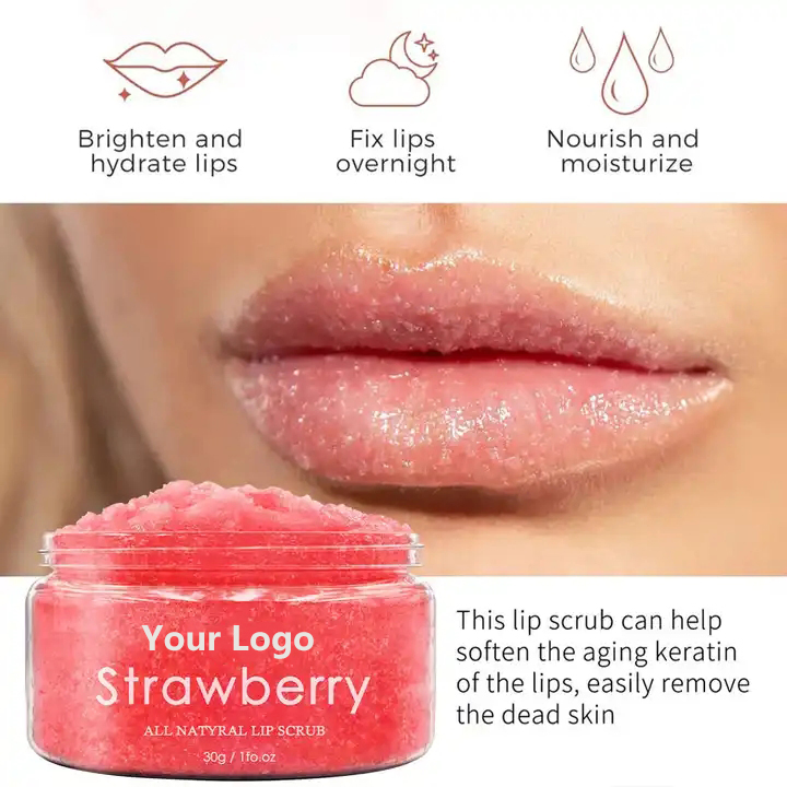 Private Label 100% Organic Vegan Lightening Lip Lines Exfoliator Pink Strawberry Sugar Lip Scrub for Dry Lip