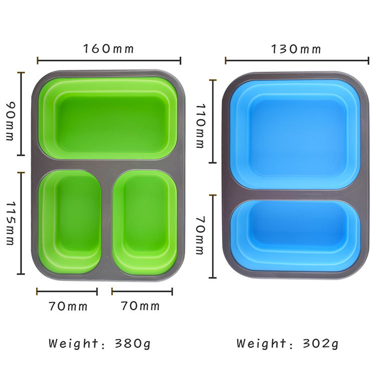 3 Compartment Children Reusable Food Storage Containers Folding Collapsible Silicone Lunch Boxes