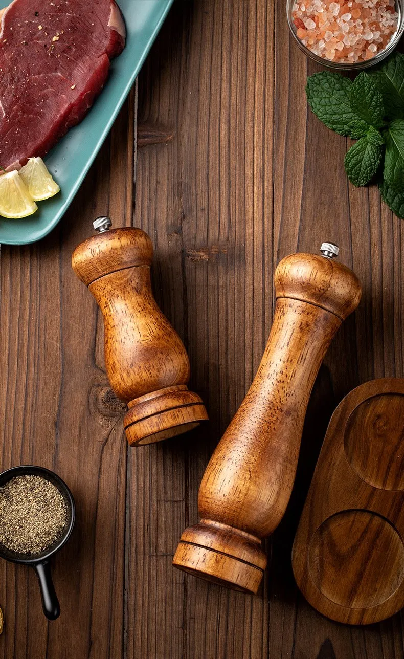Wooden Salt and Pepper Grinder Set, Acacia Wood Salt and Pepper Grinders Refillable,Pepper Mill with Adjustable Coarseness,Salt and Pepper Grinders Shaker Table
