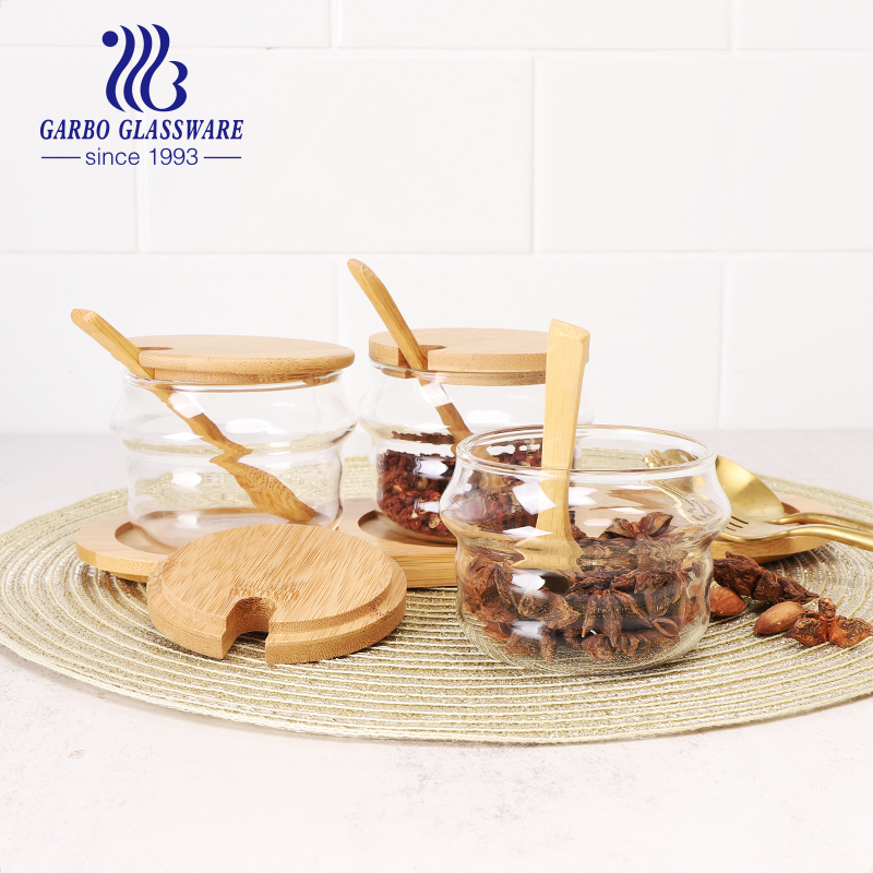 3PCS Set Hand-Made Borosilicate Storage Jar with Wood Lid Spoon