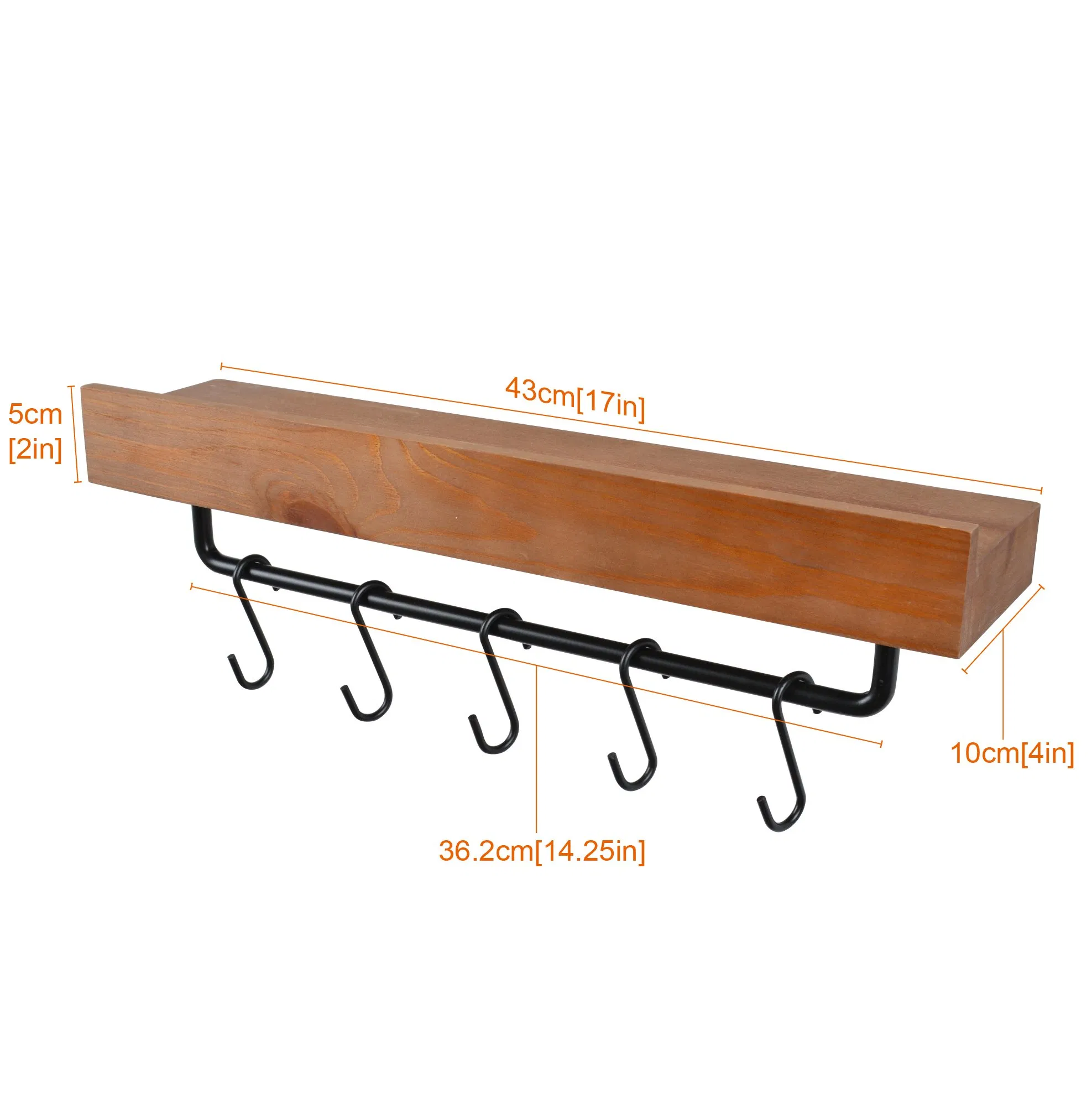 Floating Wooden Shelf for Storage Kitchen Spice Rack with 5 Hooks