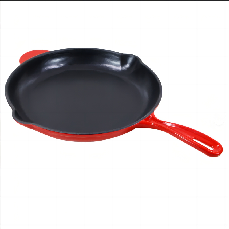Thickened Round Cast Iron Enamel Frying Pan Baking Plate Skillet with Integrated Long Handle