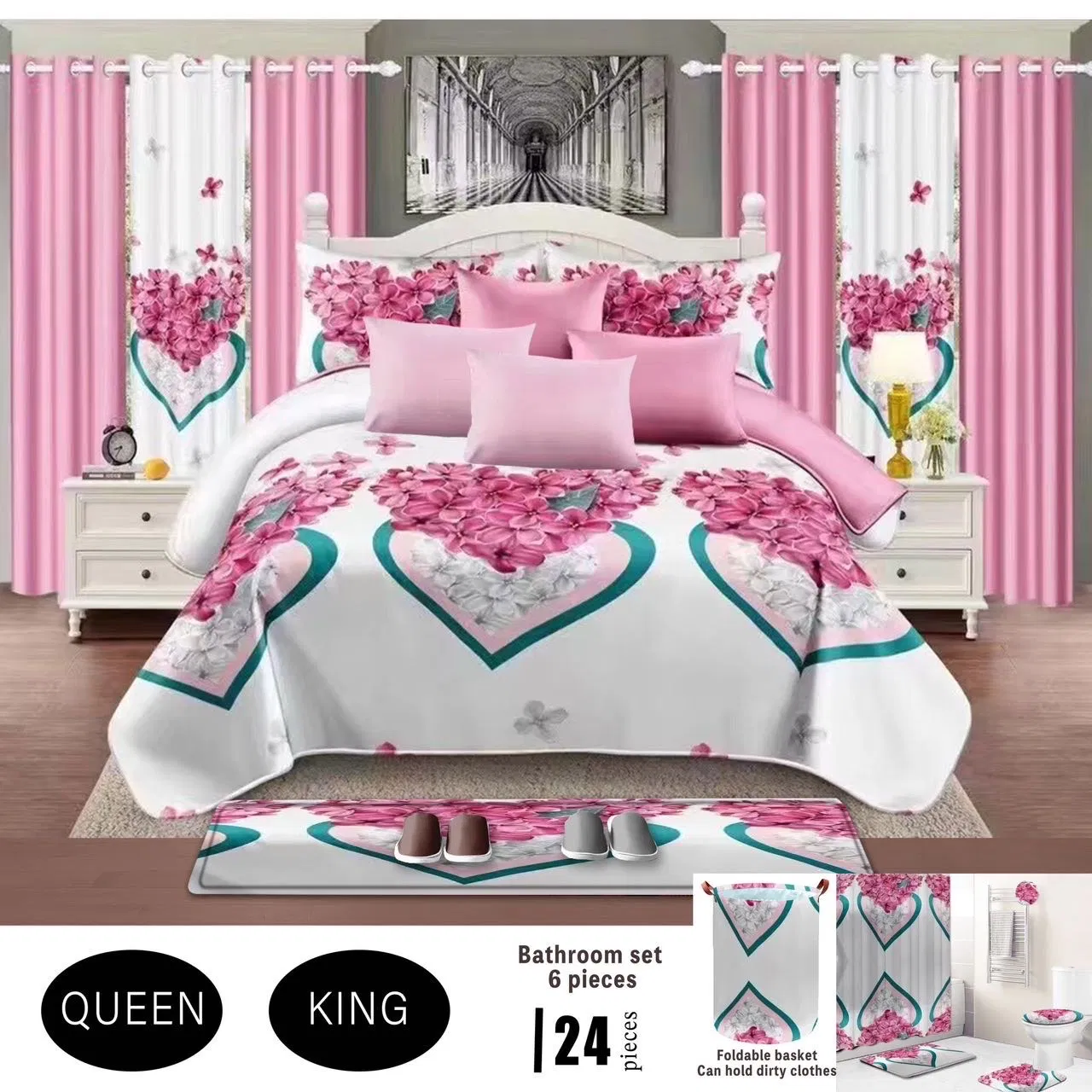 Wholesale 24piece Blue Plant Print Home Textile Bedding Set with Curtain Bed Cover Blanket with Bathroom Sabanas Microfiber Polyester Cotton Bedroom Bed Sheets