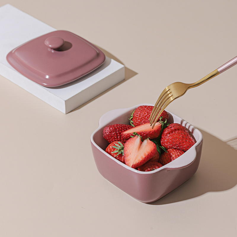 Household Mini Casserole Ceramic Anti-Scald Double Ear Microwave Soup Bowl with Lid