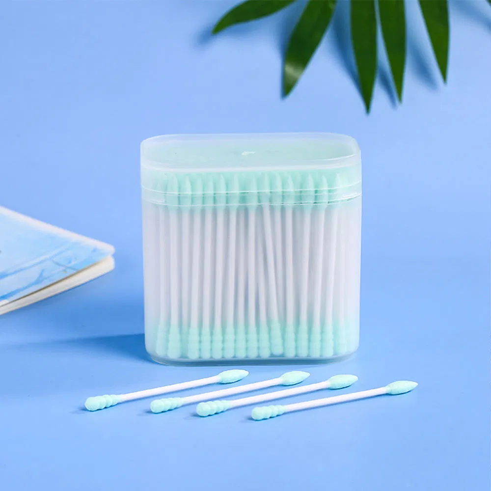 200 Pieces of Cotton Swabs with Green Cotton Tips Packed in a Frosted Square Box.