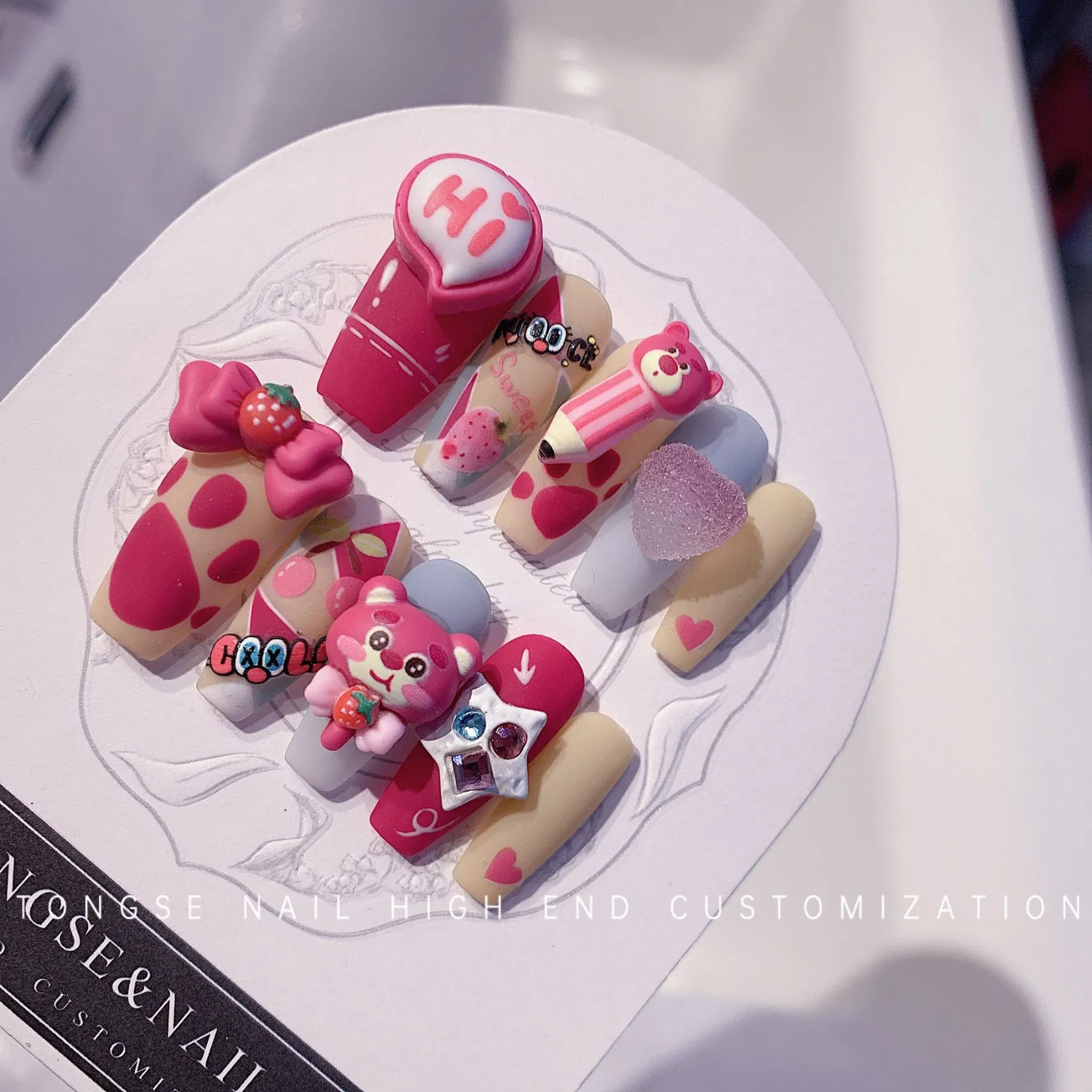 Cartoon Kawaii Resin Rose Red Strawberry Teddy Bear Nail Charms
