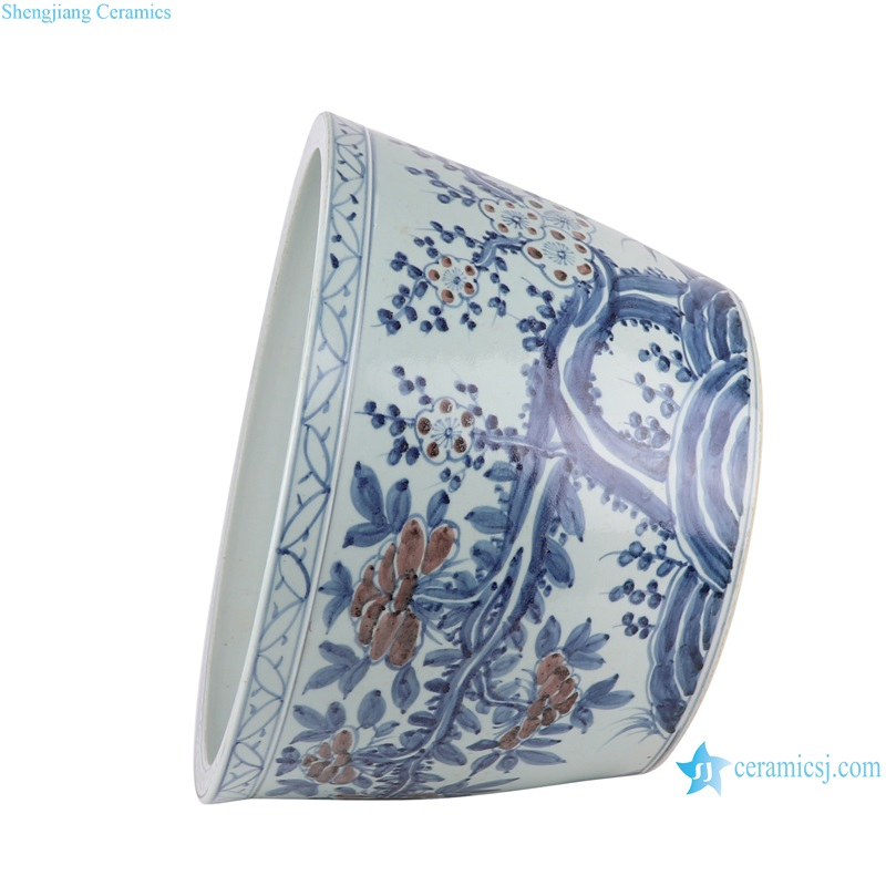 Blue and White Red Peony Plum Flower Ceramic Planter Porcelain Bowl