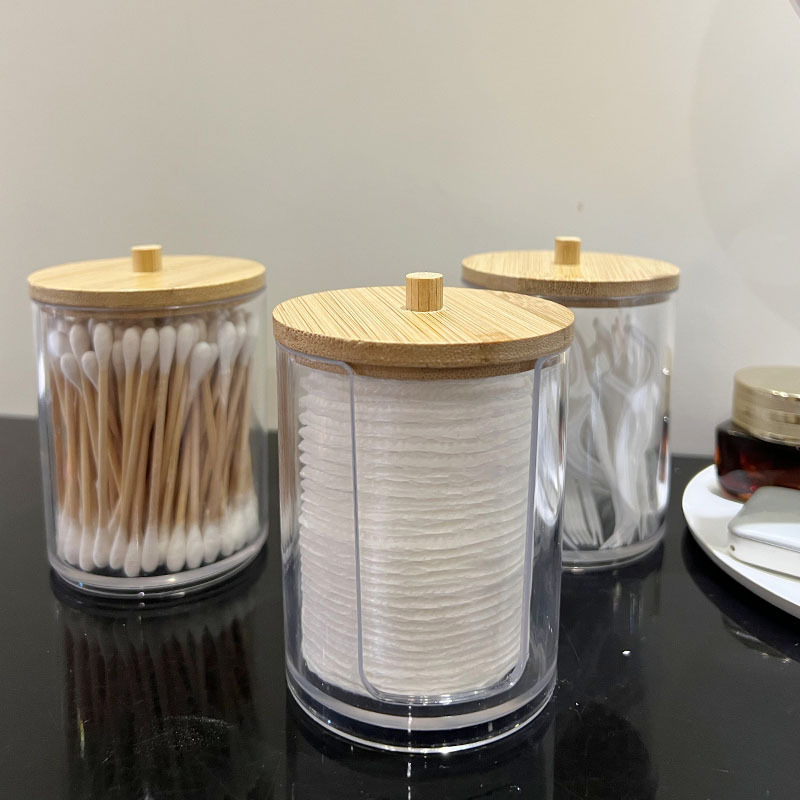 2 Stackable Q-Tip Make up Transparent PS Organizer Jar with Bamboo Lids
