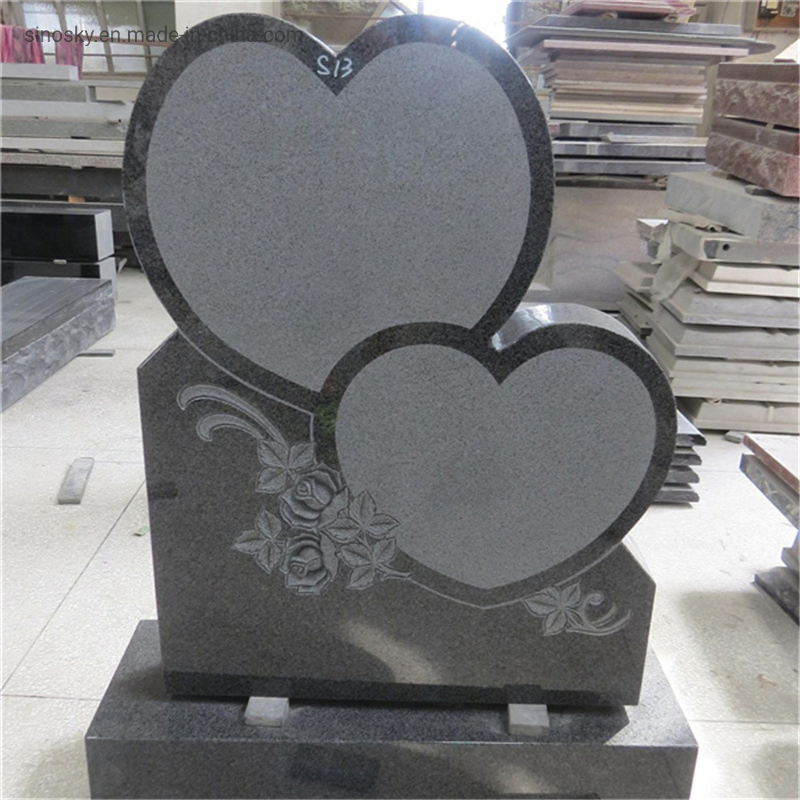 China Double Hearts Grey Granite Cemetery Headstone Designs